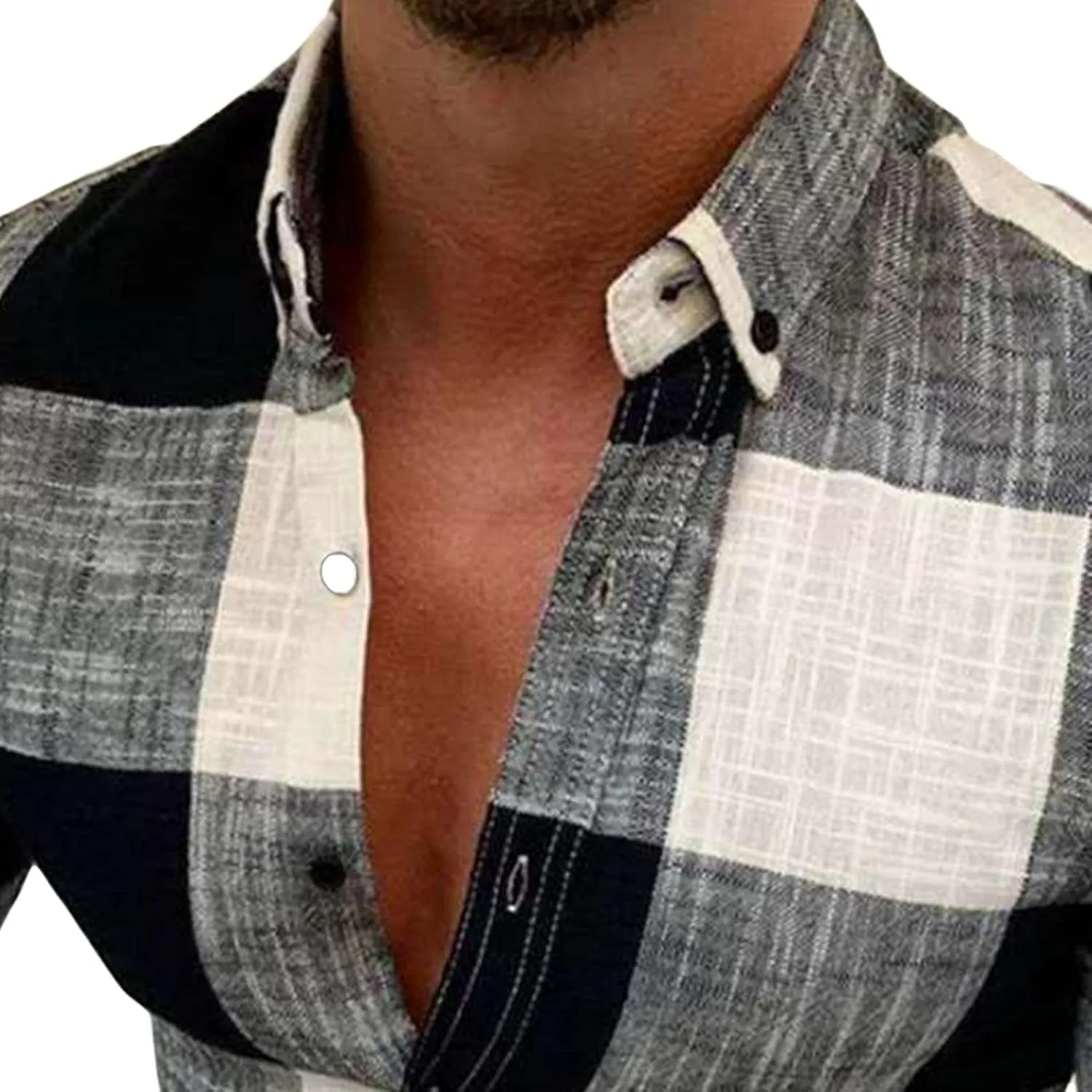 Men Collarless Plaid Long Sleeve Casual Shirt Business Dress Shirt Slim Fit Linen Beach Shirt Band-Collar Shirt