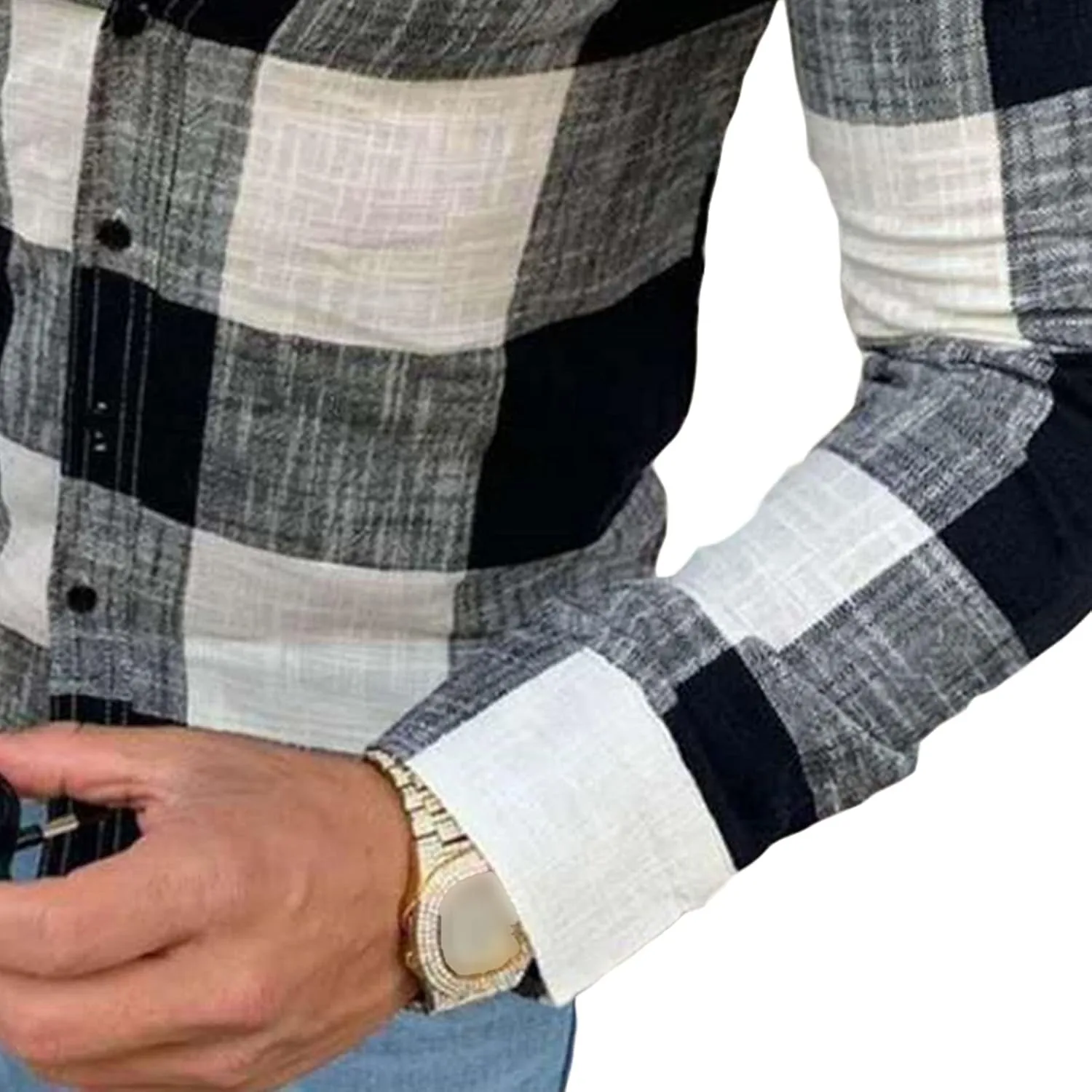 Men Collarless Plaid Long Sleeve Casual Shirt Business Dress Shirt Slim Fit Linen Beach Shirt Band-Collar Shirt