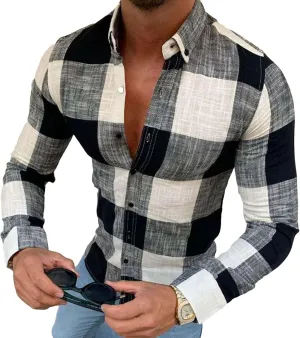 Men Collarless Plaid Long Sleeve Casual Shirt Business Dress Shirt Slim Fit Linen Beach Shirt Band-Collar Shirt