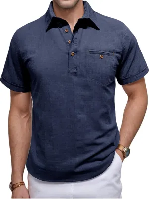 Men Cotton Linen Shirt Button Down Polo Shirt Lightweight Casual Short Sleeve Hippie Shirts Breathable Summer Shirt