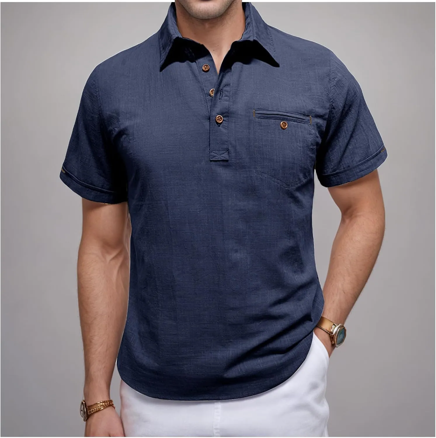 Men Cotton Linen Shirt Button Down Polo Shirt Lightweight Casual Short Sleeve Hippie Shirts Breathable Summer Shirt