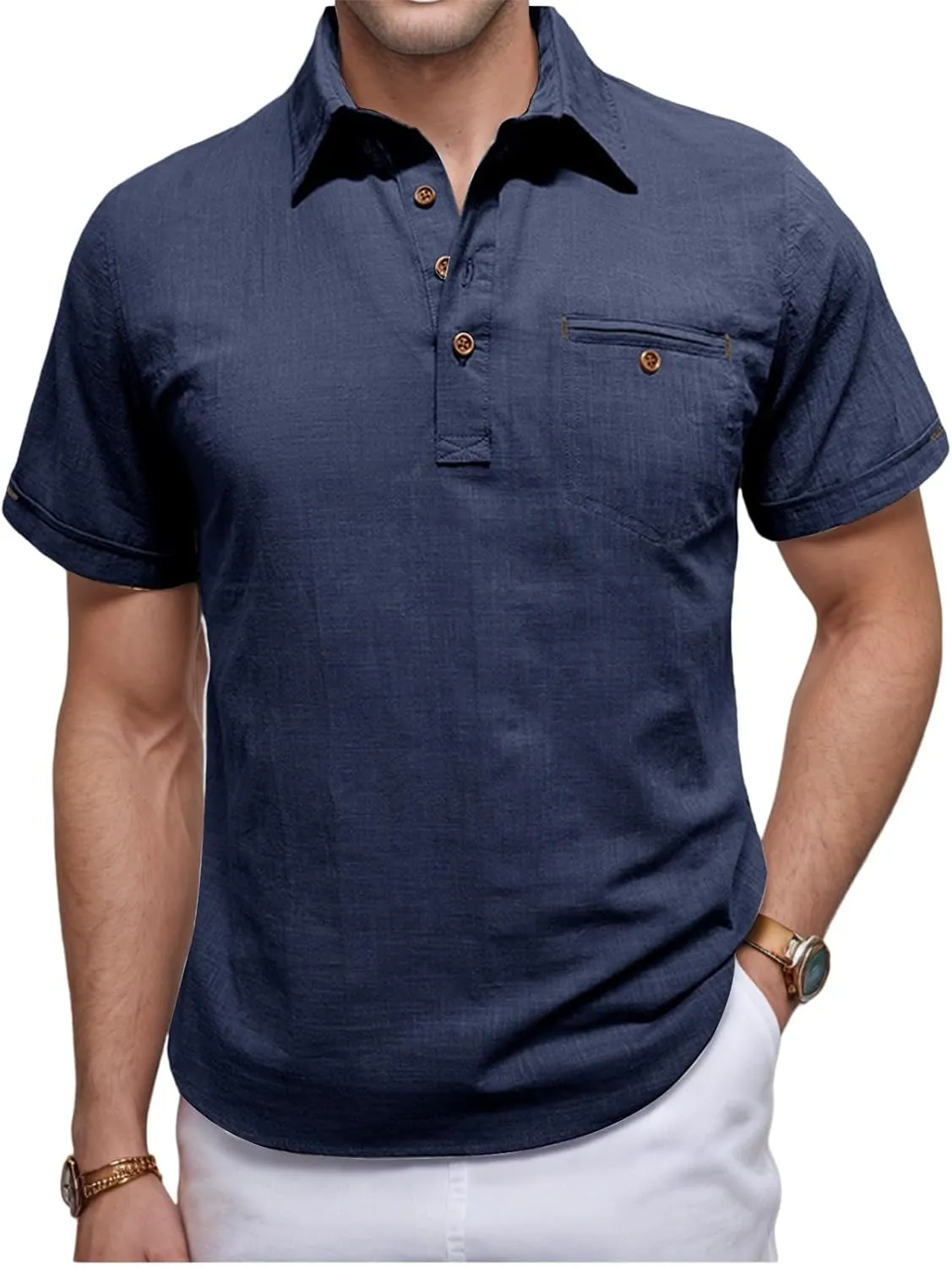 Men Cotton Linen Shirt Button Down Polo Shirt Lightweight Casual Short Sleeve Hippie Shirts Breathable Summer Shirt