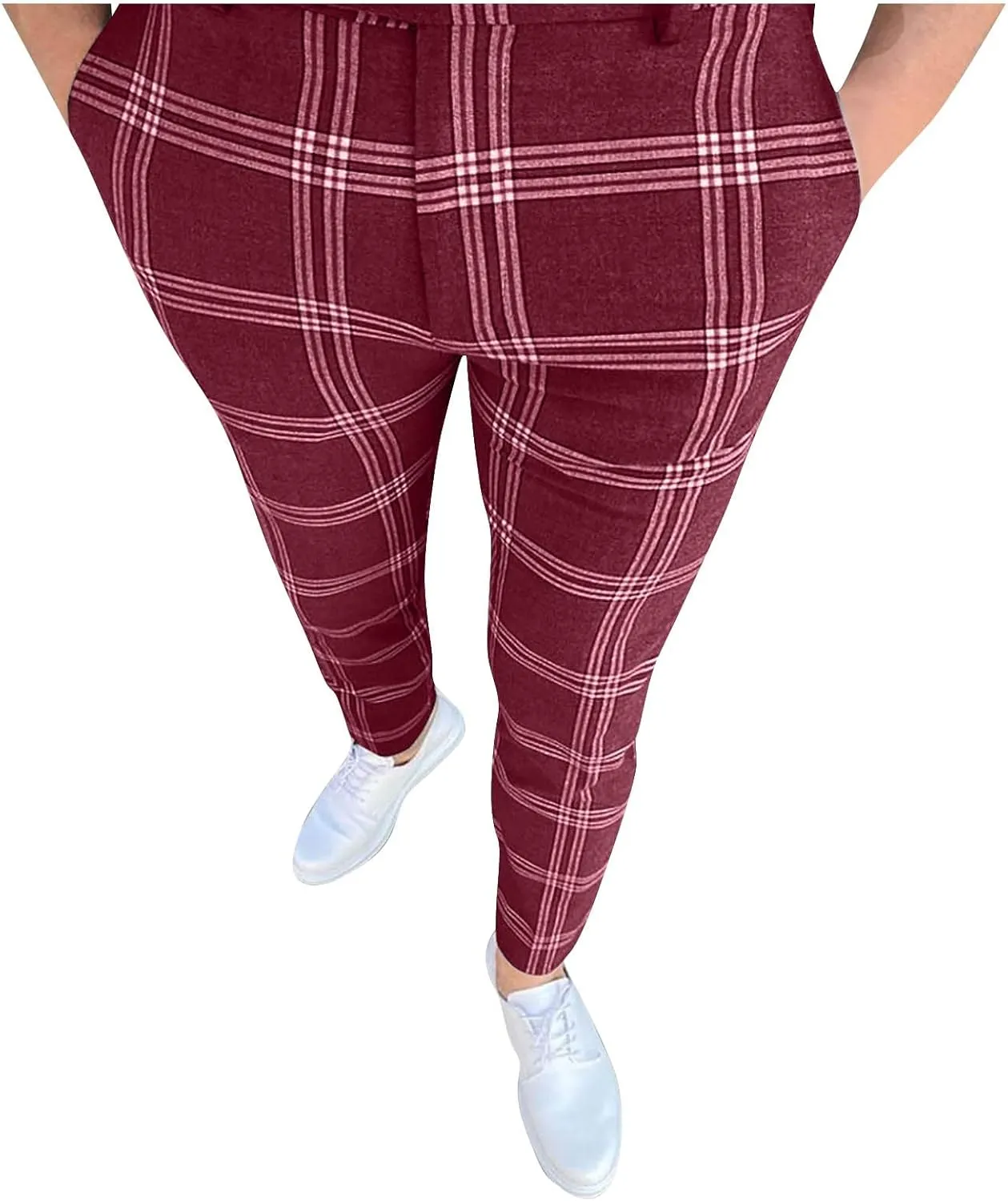 Men Dress Pants Slim Fit Plaid Skinny Dress Pant Stretch Regular Fit Business Casual Fashion Golf Pencil Trousers