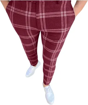 Men Dress Pants Slim Fit Plaid Skinny Dress Pant Stretch Regular Fit Business Casual Fashion Golf Pencil Trousers