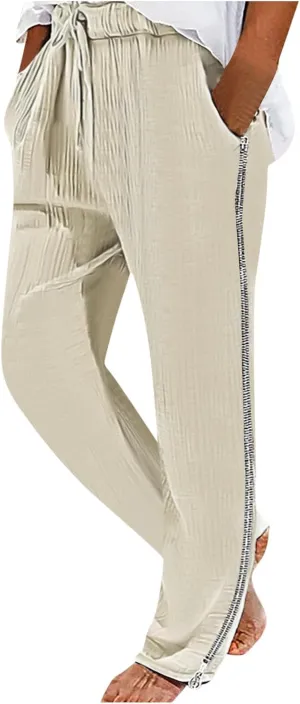 Men Linen Pants Side Zipper Pants Drawstring Tapered Pants Elastic Waist Trousers Losse Fit Summer Pants Dress Pants