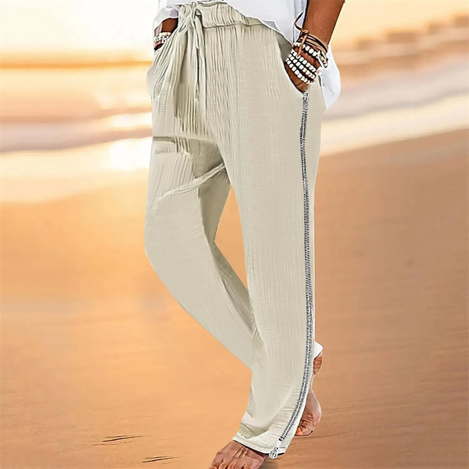 Men Linen Pants Side Zipper Pants Drawstring Tapered Pants Elastic Waist Trousers Losse Fit Summer Pants Dress Pants