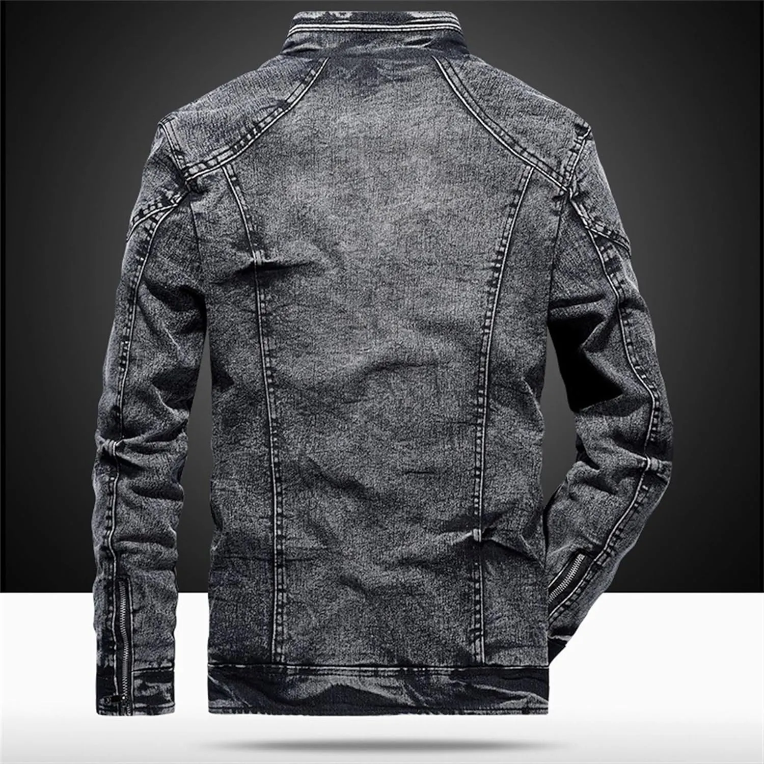 Men's Banded Collar Denim Jacket Distressed Moto Button Down Denim Shirt Full Zip Long Sleeve Winter Jacket
