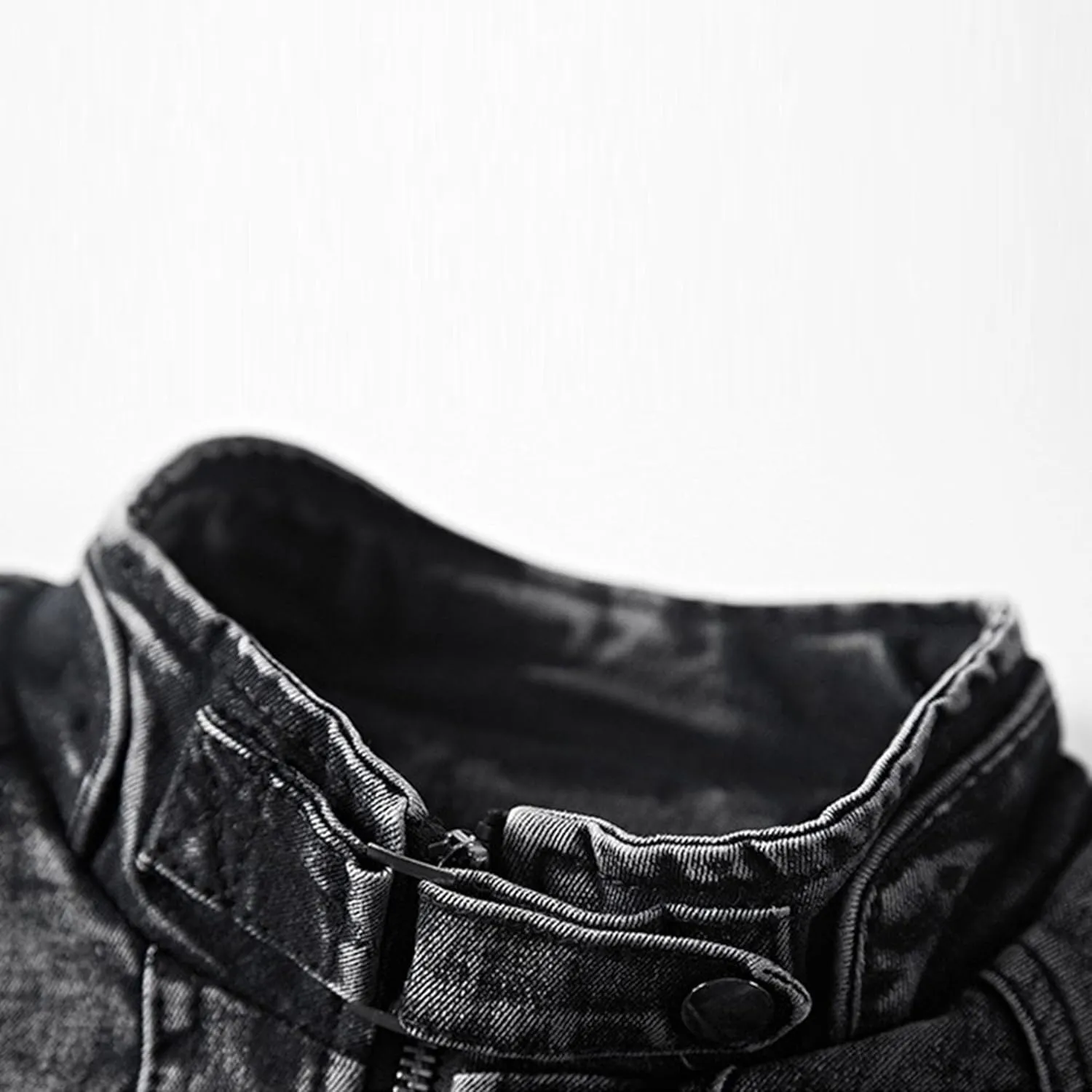 Men's Banded Collar Denim Jacket Distressed Moto Button Down Denim Shirt Full Zip Long Sleeve Winter Jacket