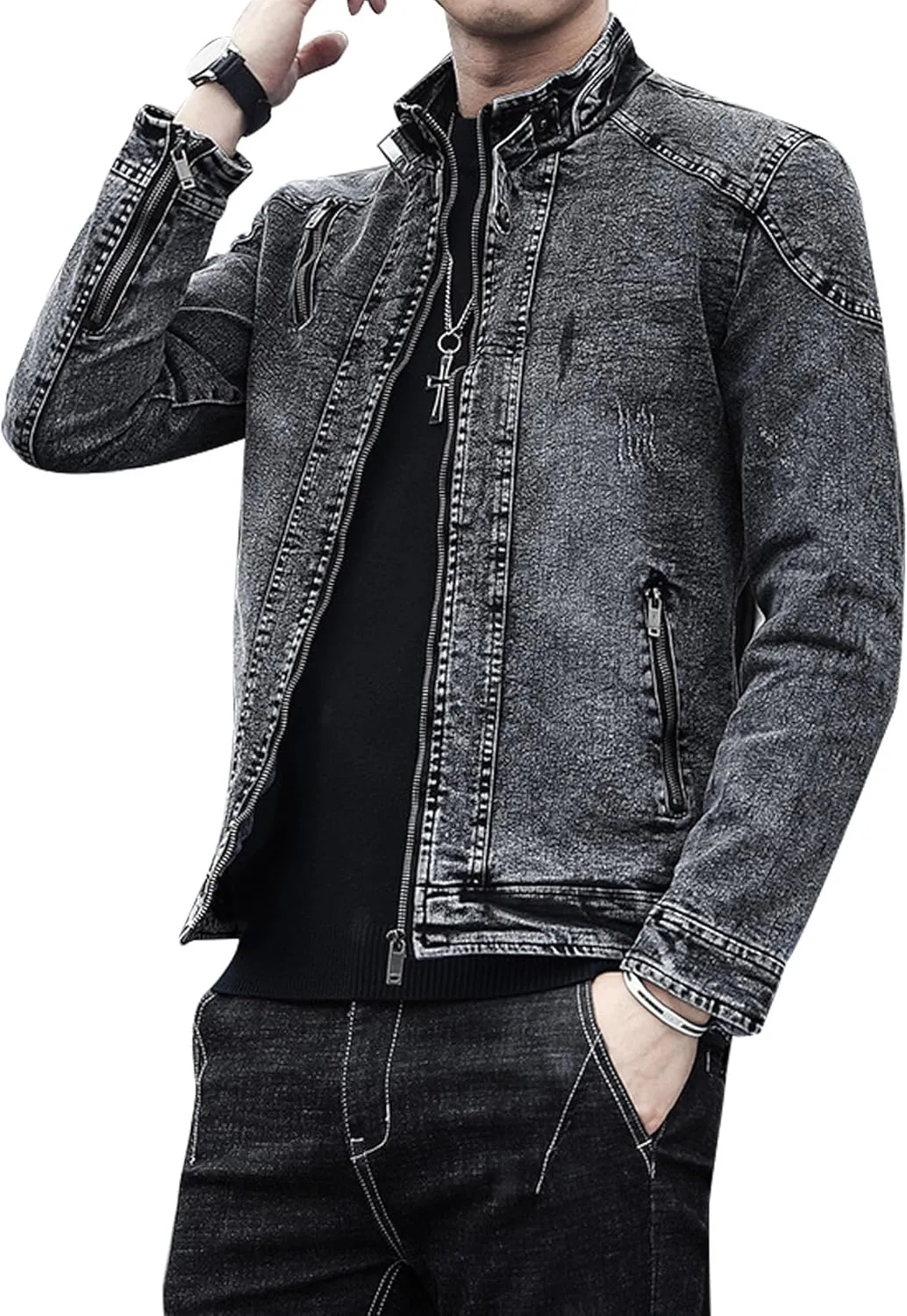 Men's Banded Collar Denim Jacket Distressed Moto Button Down Denim Shirt Full Zip Long Sleeve Winter Jacket