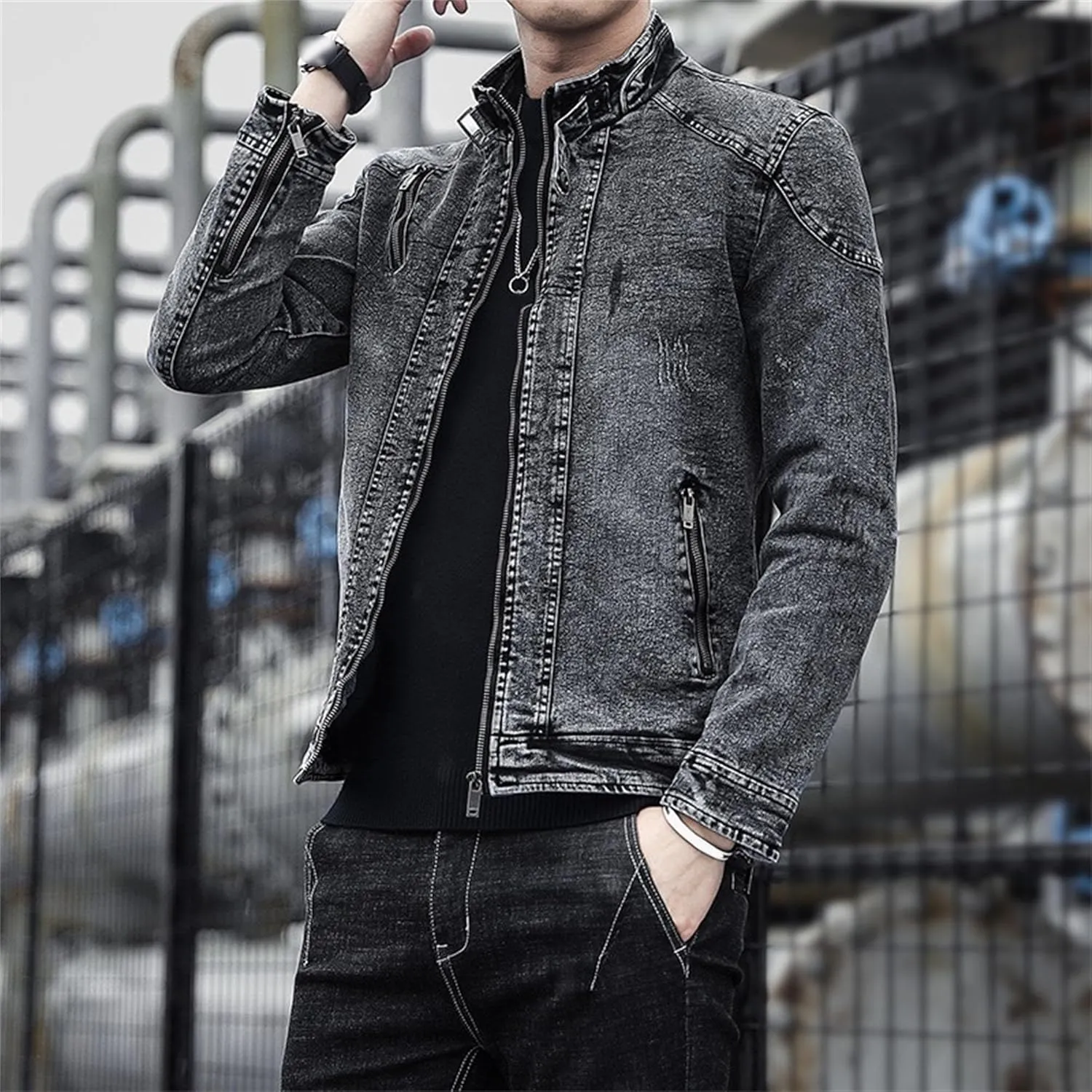 Men's Banded Collar Denim Jacket Distressed Moto Button Down Denim Shirt Full Zip Long Sleeve Winter Jacket