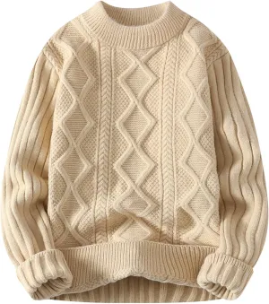 Mens Cable Knit Sweater Plus Size Knitted Chunky Pullover Loose Crewneck Sweater Winter Thermal Long Sleeve Knitwear