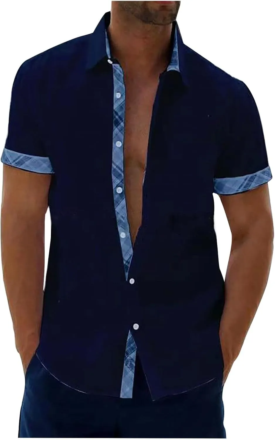 Men's Casual Button-Down Shirts Casual Short Sleeve Shirt Collar Stripe Contrast T-Shirt Business Dressy Work Shirt