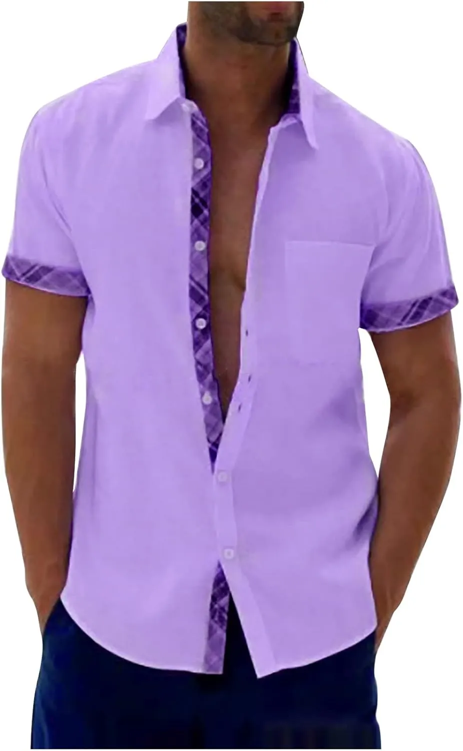 Men's Casual Button-Down Shirts Casual Short Sleeve Shirt Collar Stripe Contrast T-Shirt Business Dressy Work Shirt