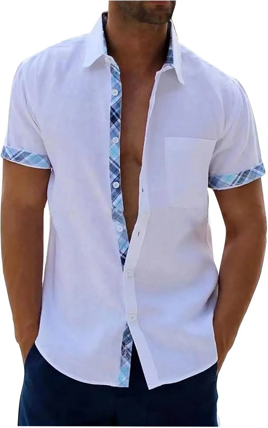 Men's Casual Button-Down Shirts Casual Short Sleeve Shirt Collar Stripe Contrast T-Shirt Business Dressy Work Shirt