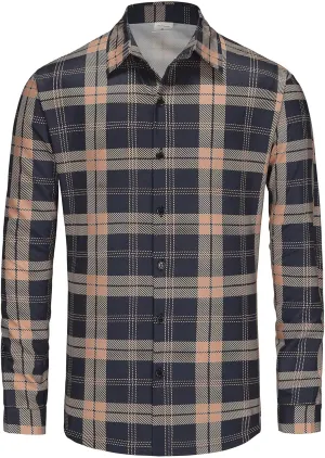 Men's Casual Plaid Shirt Long Sleeve Button Down Shirt Regular Fit Plaid Shirt