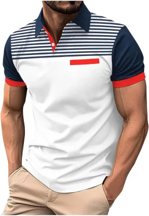 Mens Casual Polo Shirts Short Sleeve Casual Work Shirt Fashion Golf Shirt Classic Striped Collared Slim Fit T-Shirt