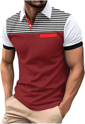 Mens Casual Polo Shirts Short Sleeve Casual Work Shirt Fashion Golf Shirt Classic Striped Collared Slim Fit T-Shirt