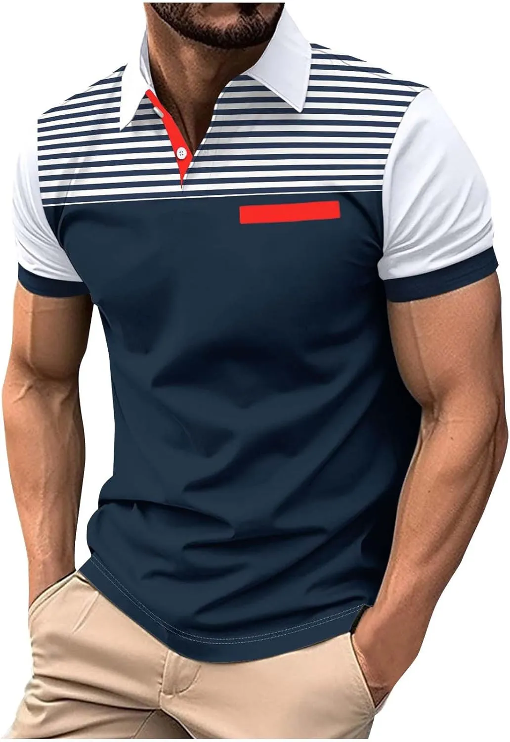 Mens Casual Polo Shirts Short Sleeve Casual Work Shirt Fashion Golf Shirt Classic Striped Collared Slim Fit T-Shirt