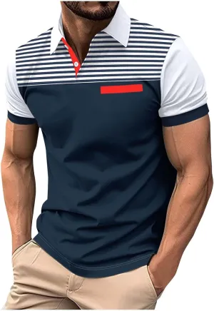 Mens Casual Polo Shirts Short Sleeve Casual Work Shirt Fashion Golf Shirt Classic Striped Collared Slim Fit T-Shirt