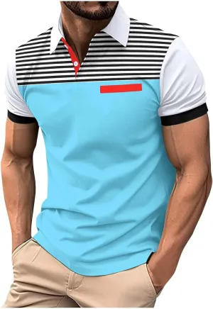 Mens Casual Polo Shirts Short Sleeve Casual Work Shirt Fashion Golf Shirt Classic Striped Collared Slim Fit T-Shirt