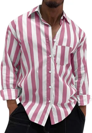 Men's Casual Stylish Striped Shirt Long Sleeve Button Down Cotton Shirts Fashion Casual Shirt