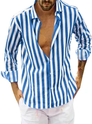Men's Casual Stylish Striped Shirt Long Sleeve Button Down Cotton Shirts Fashion Casual Shirt