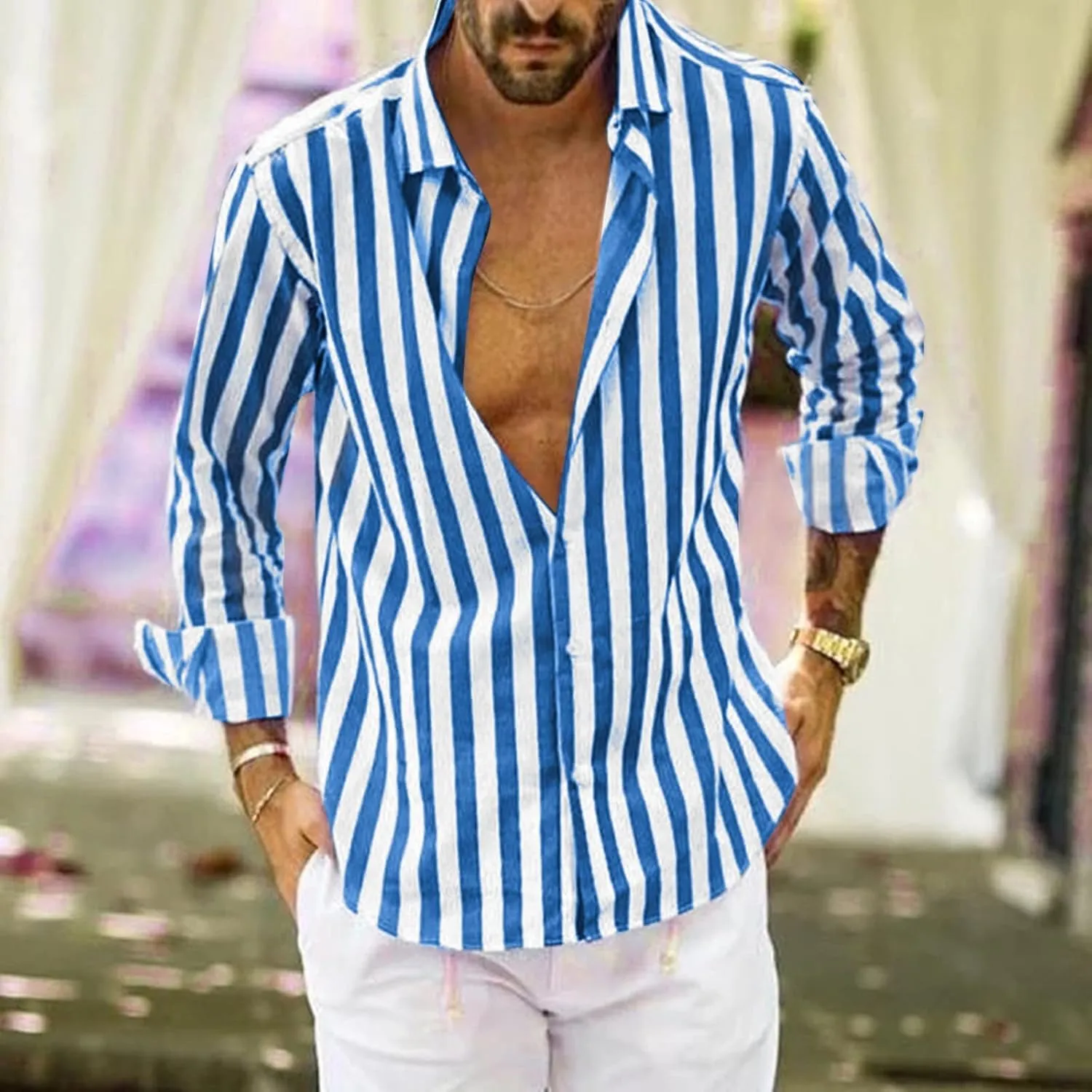 Men's Casual Stylish Striped Shirt Long Sleeve Button Down Cotton Shirts Fashion Casual Shirt
