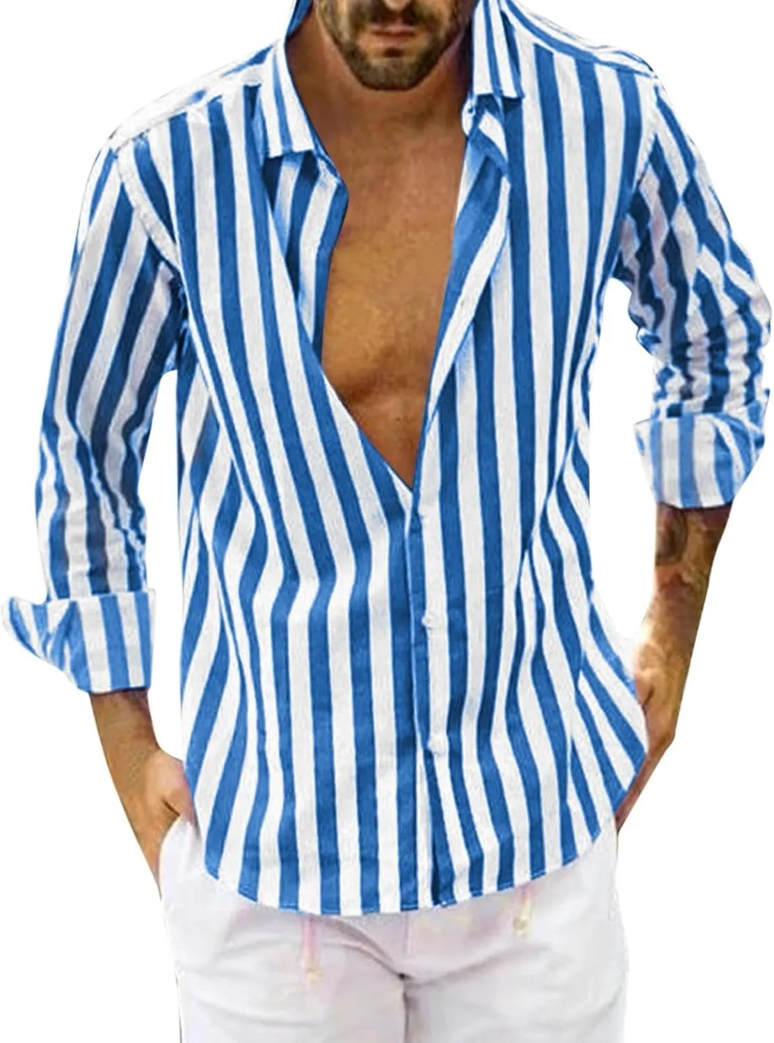 Men's Casual Stylish Striped Shirt Long Sleeve Button Down Cotton Shirts Fashion Casual Shirt
