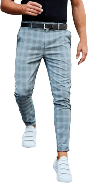 Mens Chinos Slim Fit Pants Flat Front Skinny Tapered Dress Pants Plaid Skinny Long Pants Business Golf Dress Pants