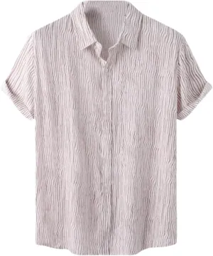 Men's Cotton and Linen Beach Shirt Slim Striped Casual Shirt Hawaiian Short Shirt