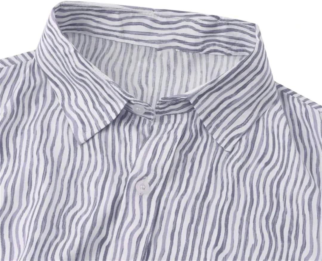 Men's Cotton and Linen Beach Shirt Slim Striped Casual Shirt Hawaiian Short Shirt