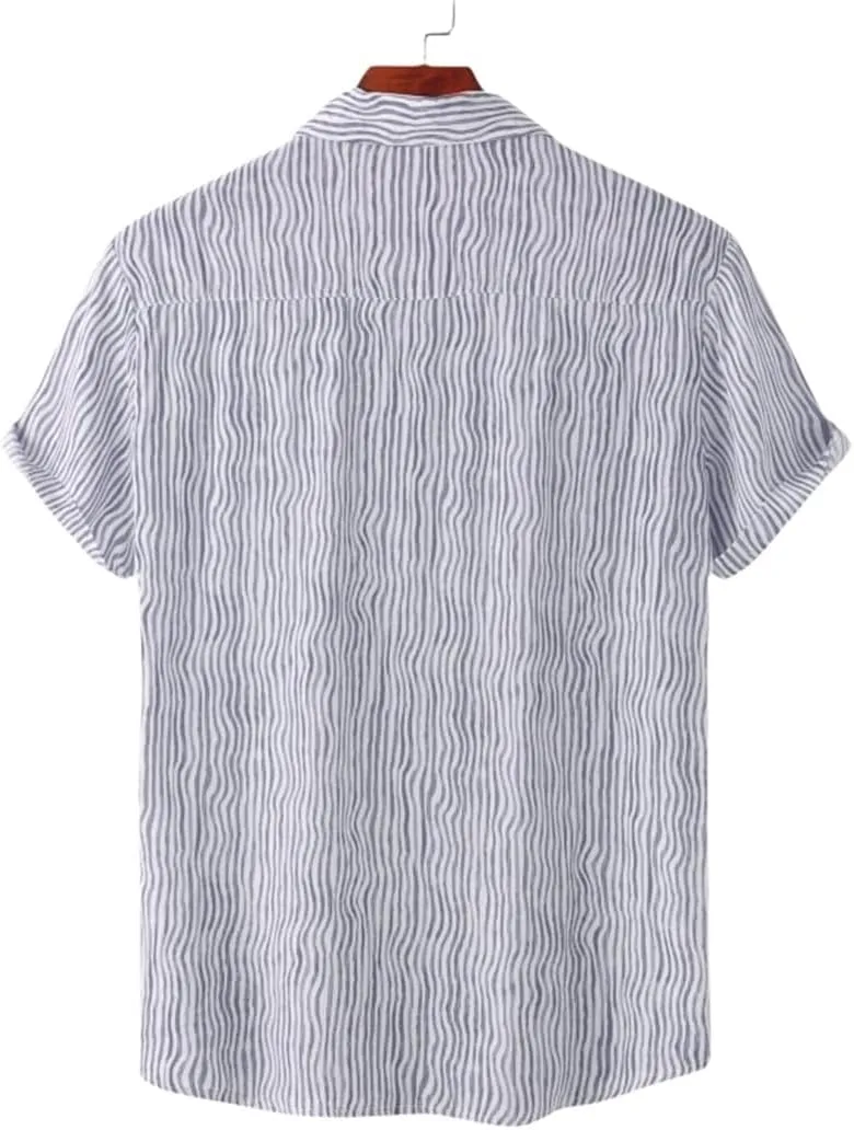 Men's Cotton and Linen Beach Shirt Slim Striped Casual Shirt Hawaiian Short Shirt