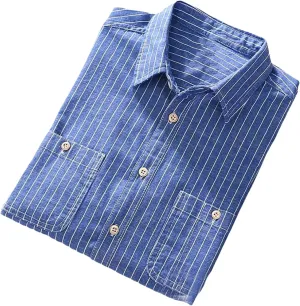 Men's Denim Fabric Shirt Striped Long Sleeve Turn-Down Collar Autumn Top