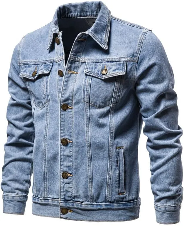 Men's Denim Shirt Casual Slim Fit Button Down Long Sleeve Washed Denim Polo Shirt