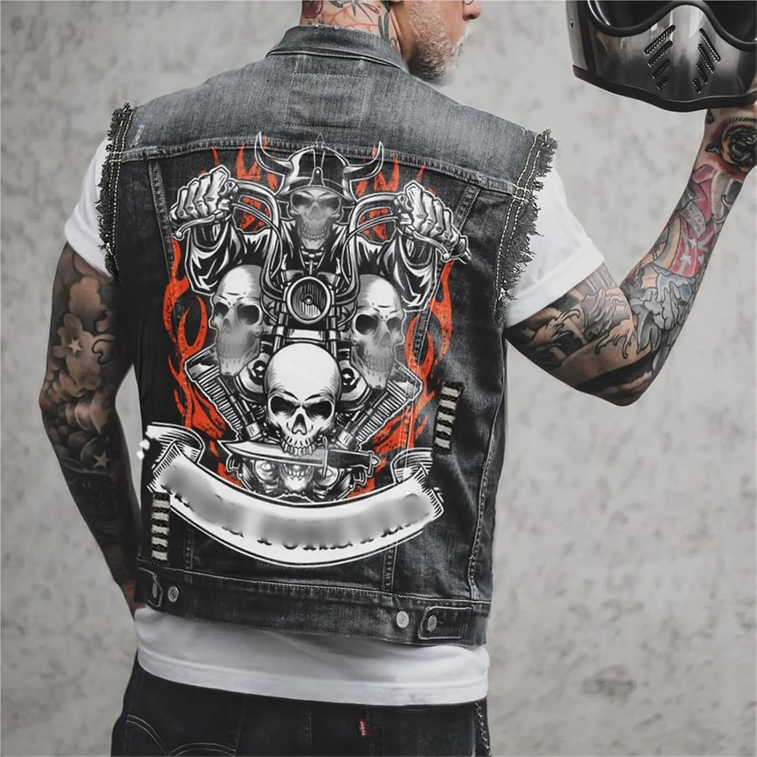 Men's denim vest - casual vest with slim shoulders and skull embroidery biker vest