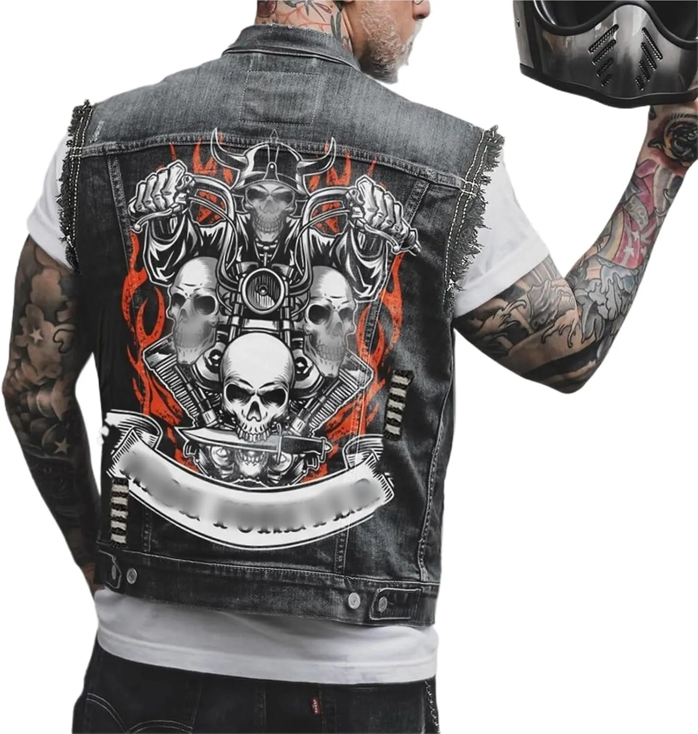 Men's denim vest - casual vest with slim shoulders and skull embroidery biker vest