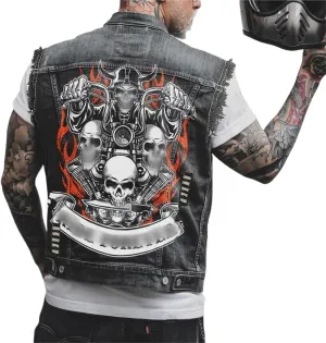 Men's denim vest - casual vest with slim shoulders and skull embroidery biker vest