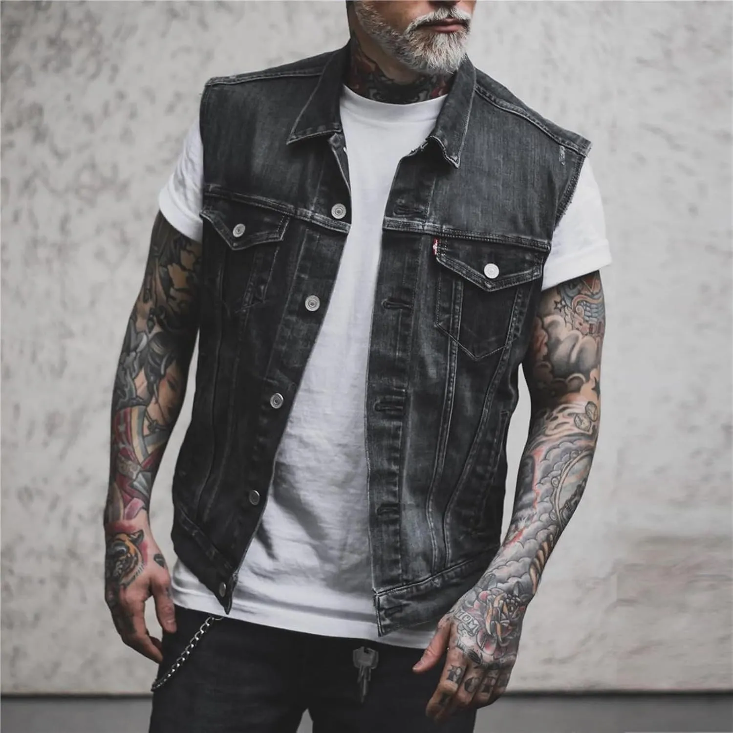 Men's denim vest - casual vest with slim shoulders and skull embroidery biker vest