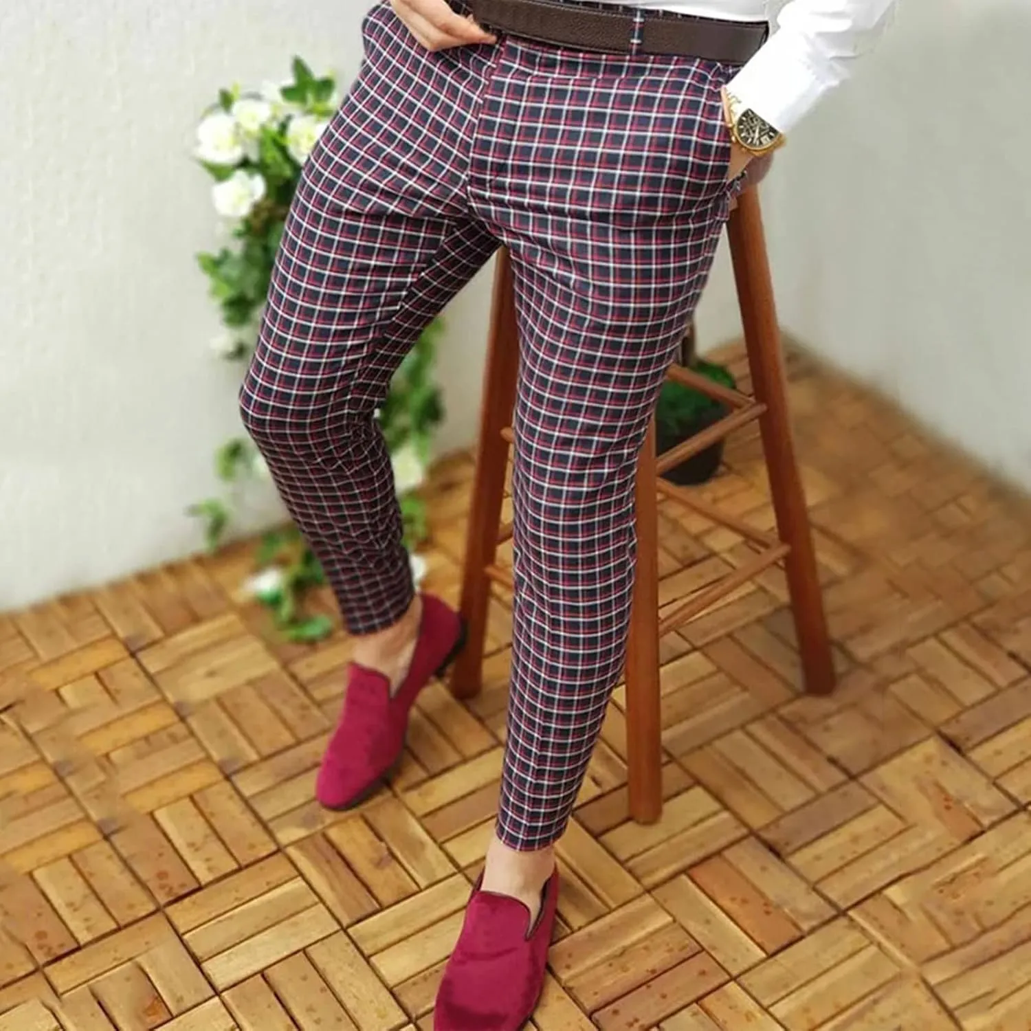 Mens Dress Pants, Mens Plaid Stretch Dress Pants Slim Fit Skinny Chino Pants Tapered Business Casual Pencil Pants