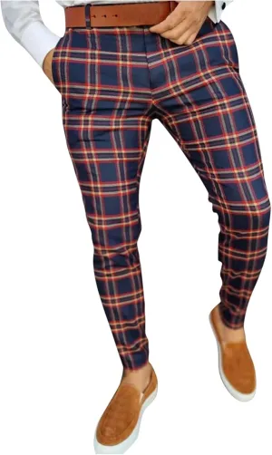Mens Dress Pants Plaid Skinny Slim Fit Dress Pants Casual Work Business Fashion Golf Pencil Pants Stretch Tapered Suit Pants