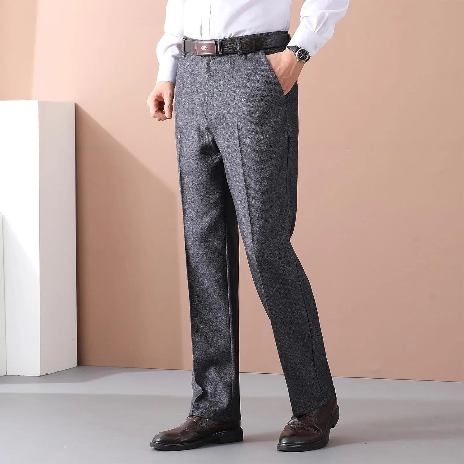 Mens Dress Pants Pleated Front Stretch Suit Pants Classic Fit Casual Dress Pants Straight Fit Pants