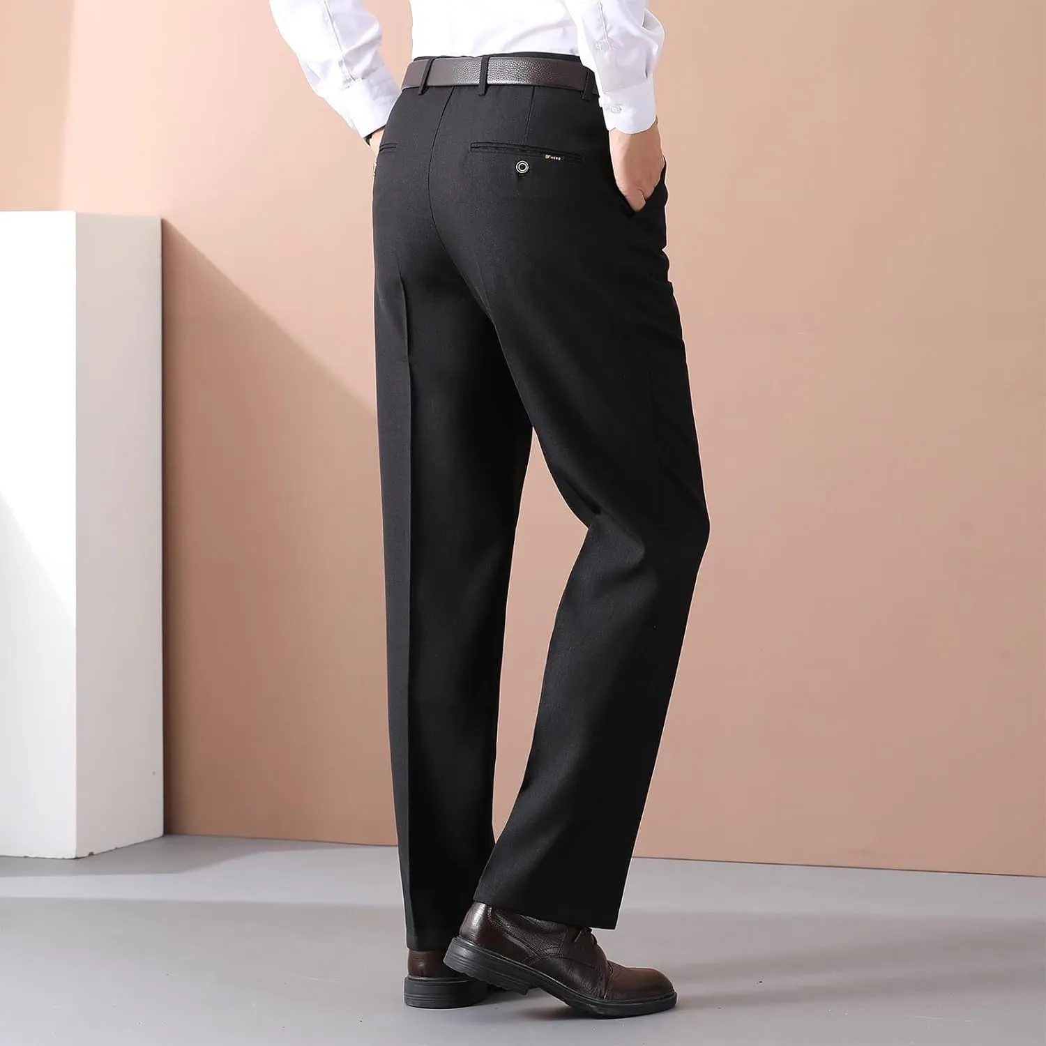 Mens Dress Pants Pleated Front Stretch Suit Pants Classic Fit Casual Dress Pants Straight Fit Pants