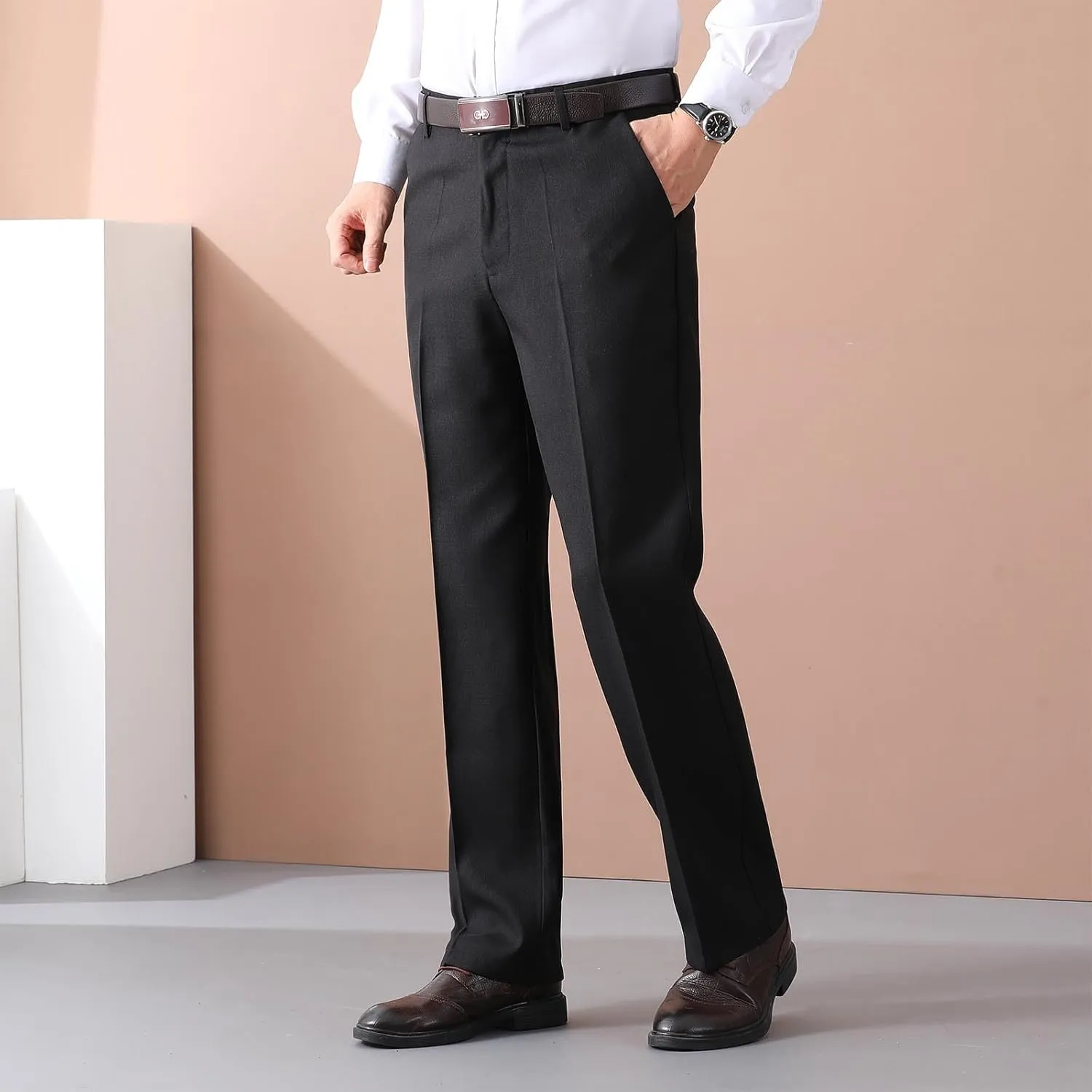 Mens Dress Pants Pleated Front Stretch Suit Pants Classic Fit Casual Dress Pants Straight Fit Pants