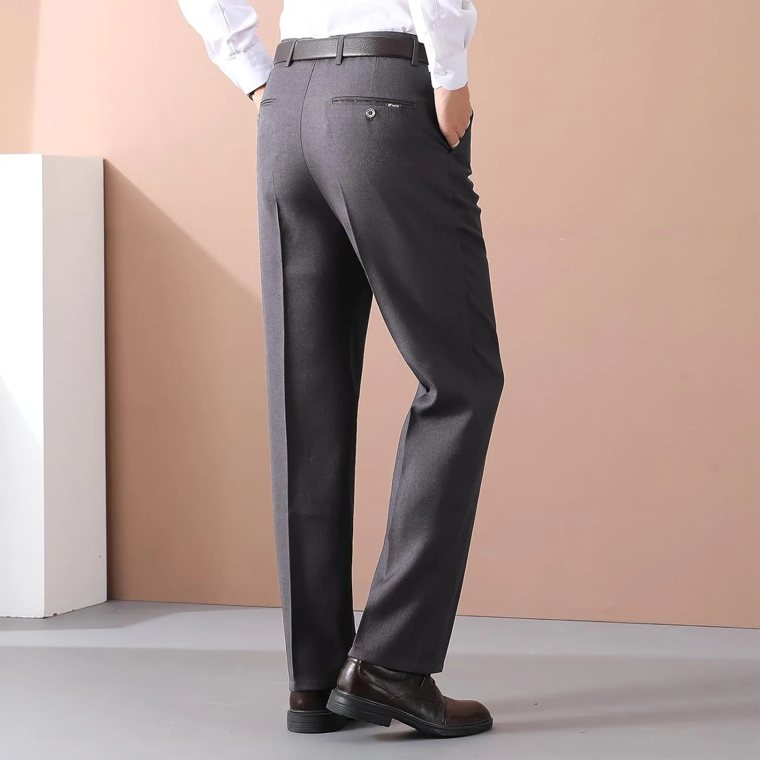 Mens Dress Pants Pleated Front Stretch Suit Pants Classic Fit Casual Dress Pants Straight Fit Pants