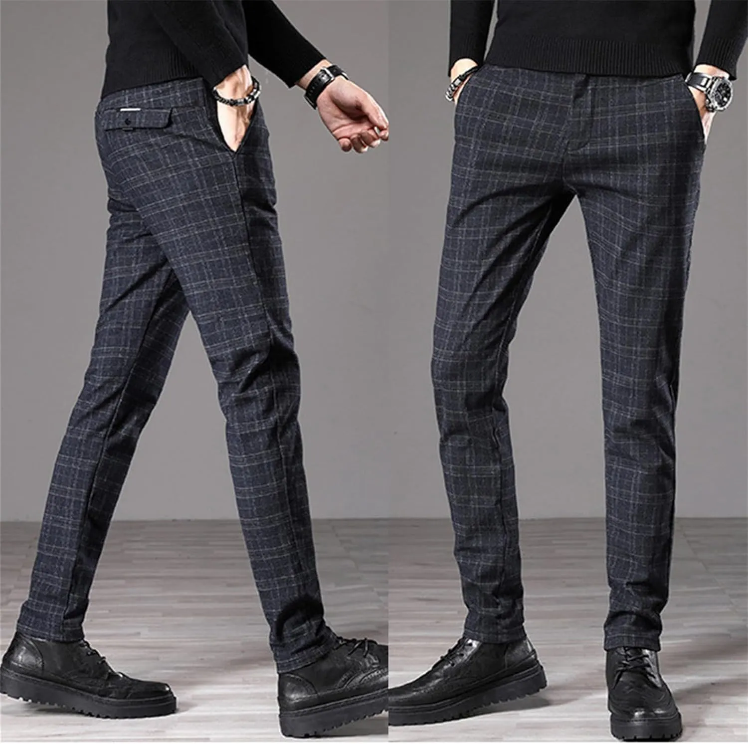 Men's Dress Plaid Pants Chino Casual Slim Fit Skinny Stretch Pants Business Dress Pants