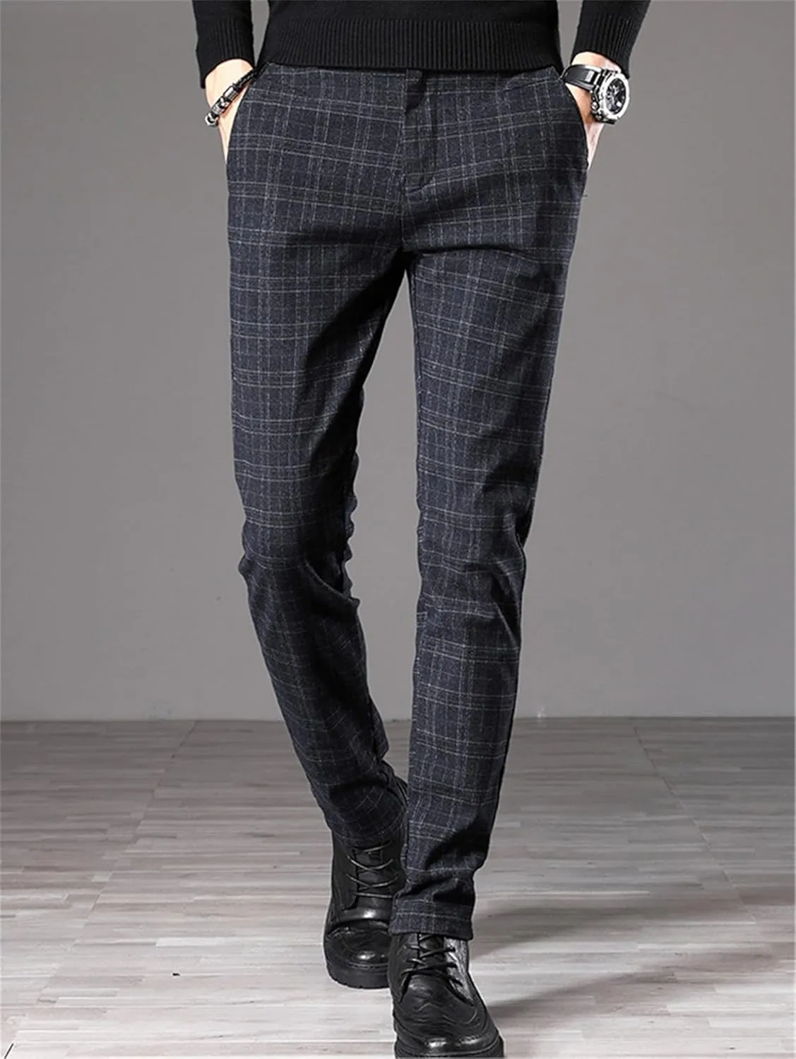 Men's Dress Plaid Pants Chino Casual Slim Fit Skinny Stretch Pants Business Dress Pants