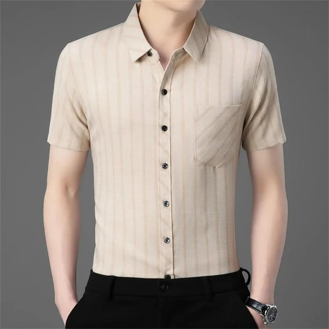Men's Fashion Striped Shirt Short Sleeved Business Casual Linen Shirt