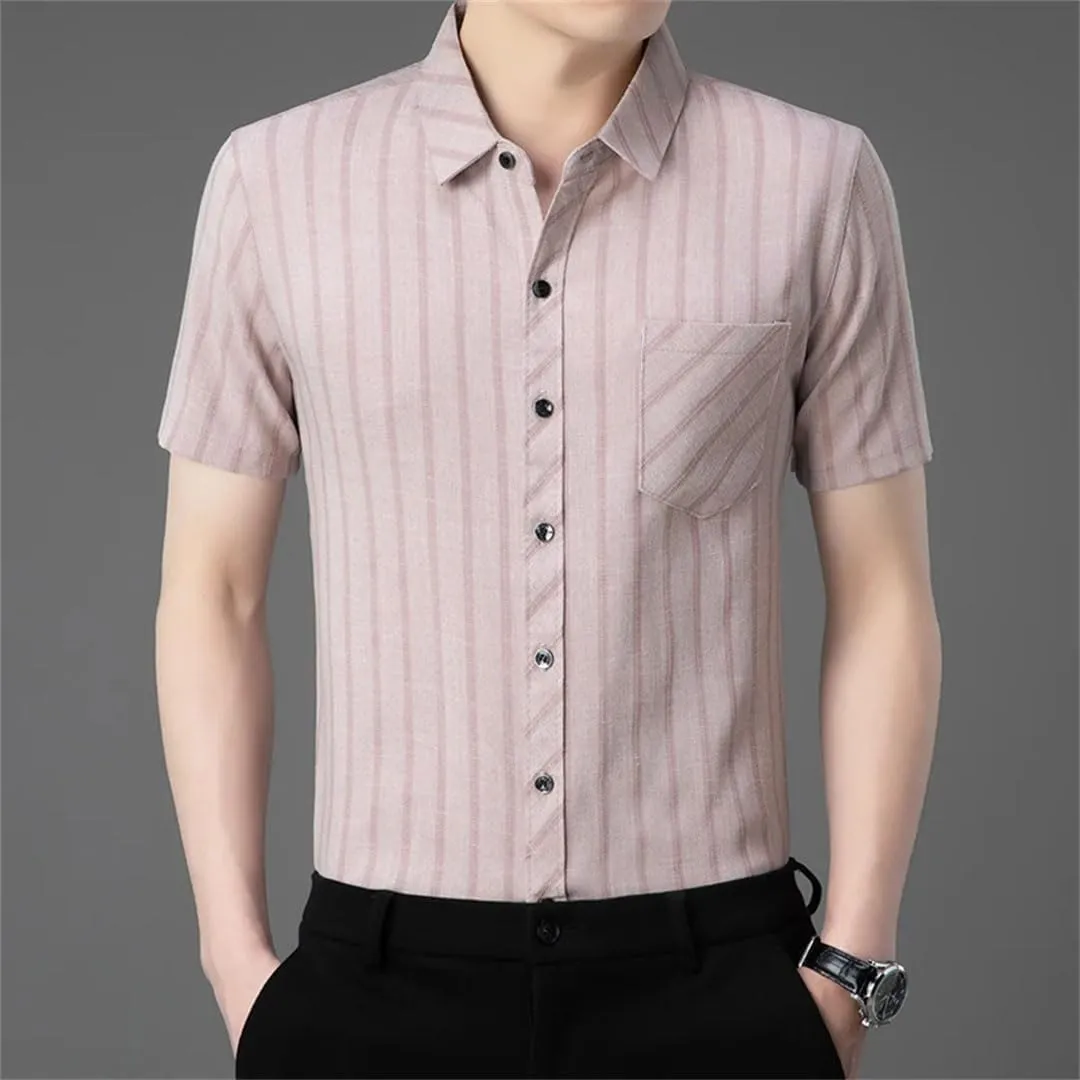 Men's Fashion Striped Shirt Short Sleeved Business Casual Linen Shirt