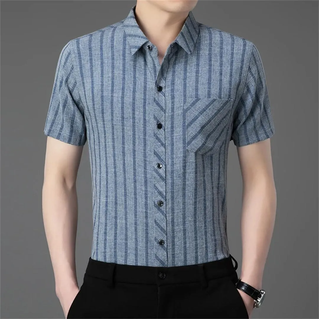 Men's Fashion Striped Shirt Short Sleeved Business Casual Linen Shirt