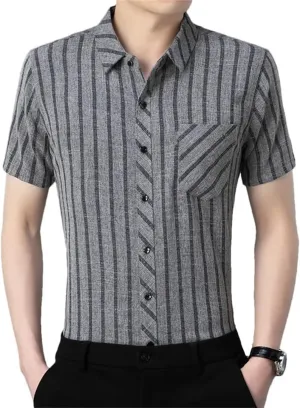 Men's Fashion Striped Shirt Short Sleeved Business Casual Linen Shirt